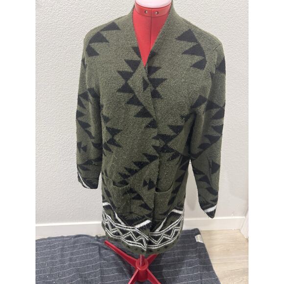 Frye Aztec Frye Cardigan Olive Green Black Open Front Knit Duster Sweater - Picture 1 of 8